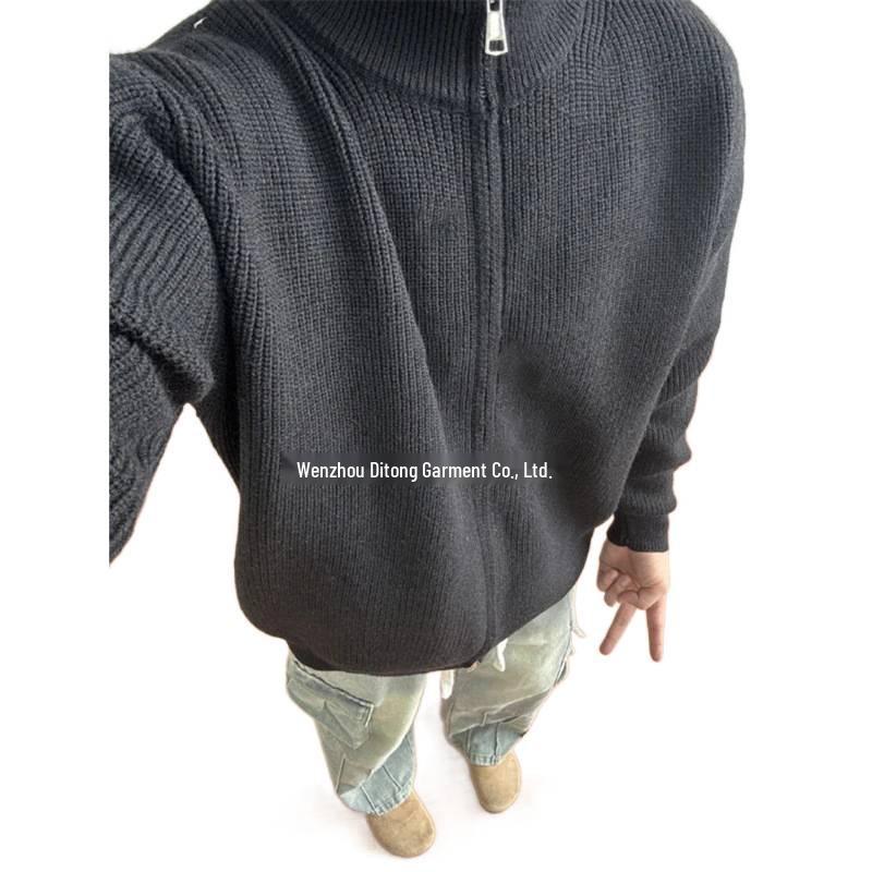 Men's Gray Knit Cardigan: Autumn Relaxed Fit Stand-Up Collar Jacket