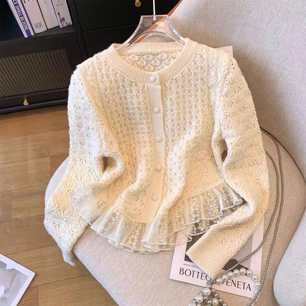 Xiaoxiangfeng hollowed-out knitted cardigan women's spring and autumn new high-end foreign-style outer wear lace splicing sweater jacket