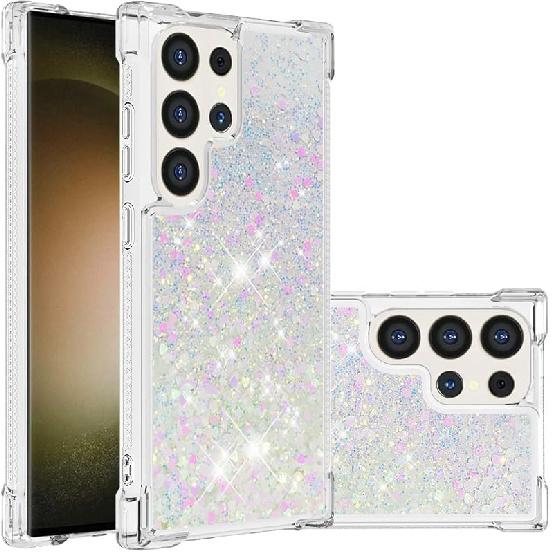 

OOPKINS for Samsung Galaxy S24 Ultra Case Glitter Clear Bling Flowing Sparkle Glossy Case for Girl TPU Silicone Wireless Charging Compatible Cover YB] WT:Silver pink Heart