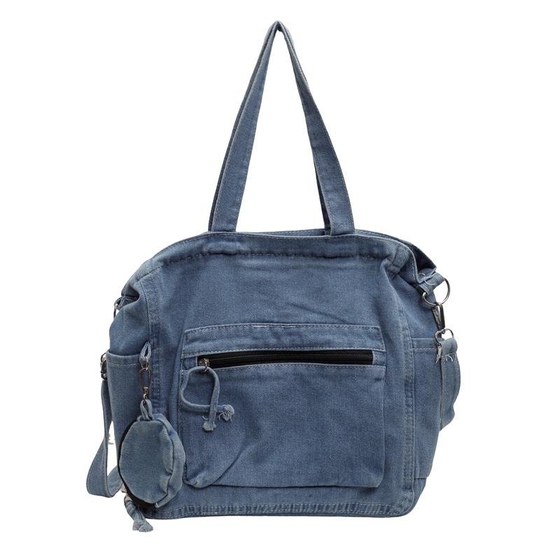 

Сумка-тоут из денима для женщин, большая вместимость, сумка для студентов, для поездок на работу, на плечо синий
