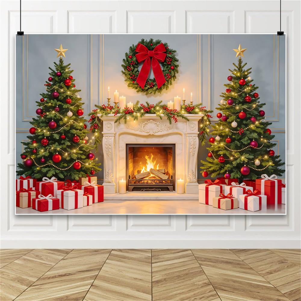Yeele Christmas Fireplace Shooting Backdrop Red Bow Socks Wreath Xmas Tree Gifts Kids Family Portrait Home Decoration Background