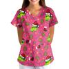 Women's Christmas Print V-Neck Short Sleeve Scrub Top with Pockets, Loose Fit Caregiver