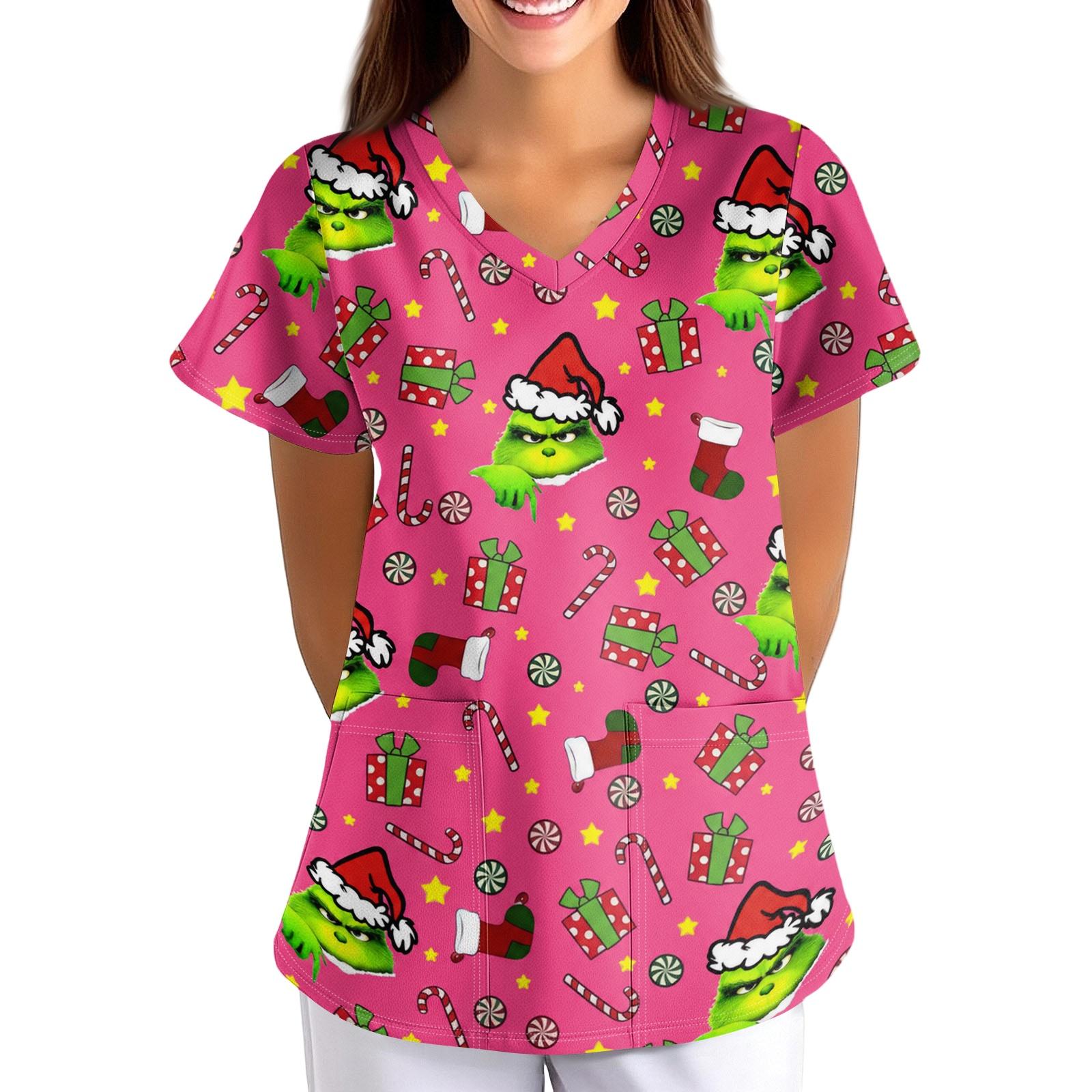 Damen Christmas Print V-Ausschnitt Kurzarm Kasack mit Taschen, Lockerer Sitz Pflegekraft XXL pink
