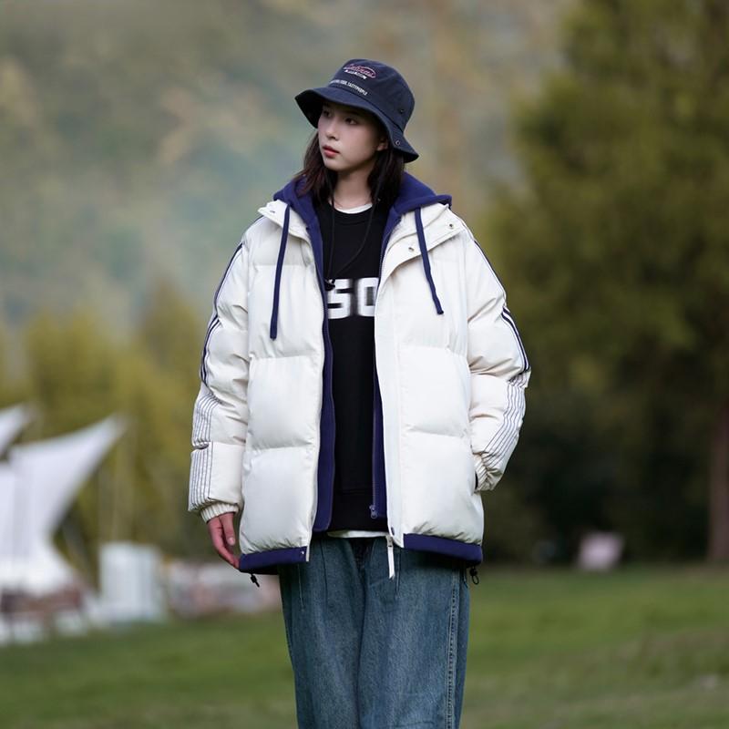 Striped Contrast Color Fake Two-piece Hooded Down Cotton Coat for Women Winter New Cotton Coat Thickened Cotton Jacket
