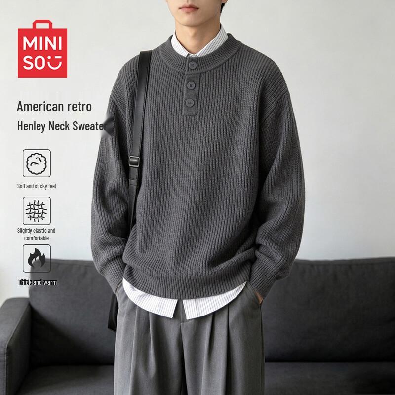 MINISO Men's Retro Henley Collar Long-Sleeve Knit Sweater