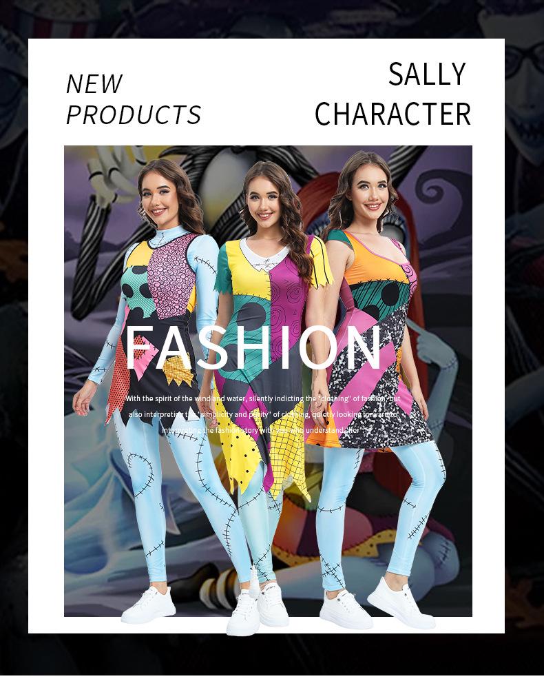 The Nightmare Before Christmas Sally Halloween Costume - Layered Cosplay Dress with 3D Print