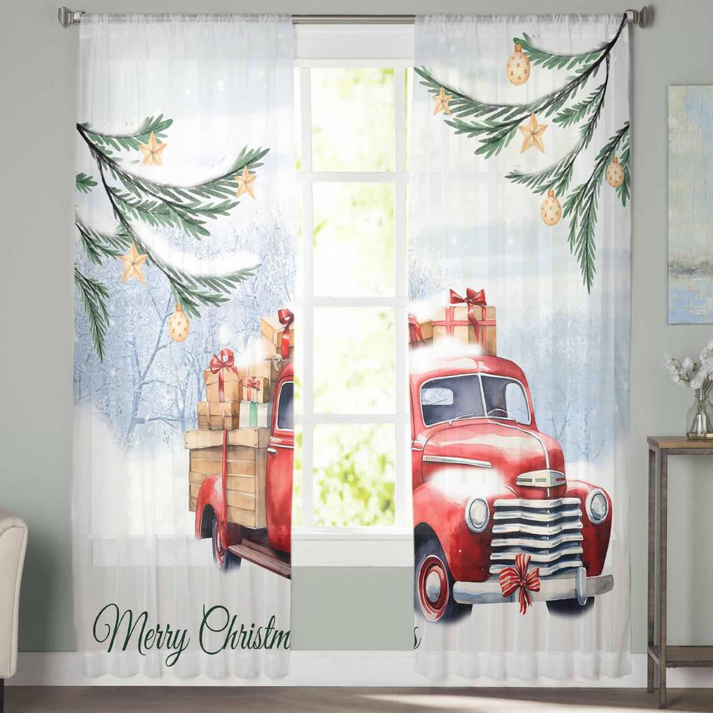 Weihnachtsvorhänge mit rotem LKW, Pflanzen, Schnee, Geschenk, Sternen, transparent, moderner Gazevorhang für Wohnzimmer, Schlafzimmer, Voile-Garnvorhänge