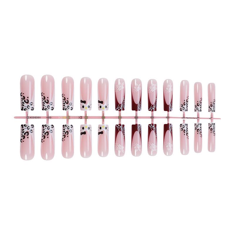 

Handmade Leopard & White French Style Press-On Nails with Rhinestones