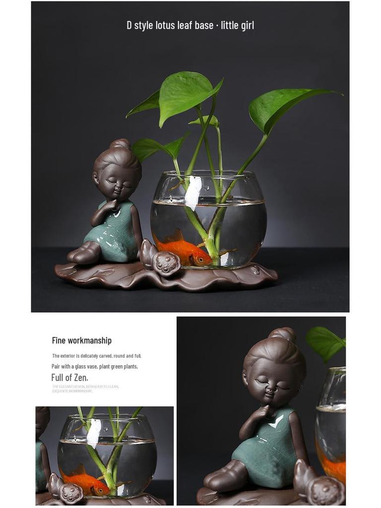 Creative Hydroponic Glass Flower Pot with Ceramic Little Monk Ornament for Living Room Decor