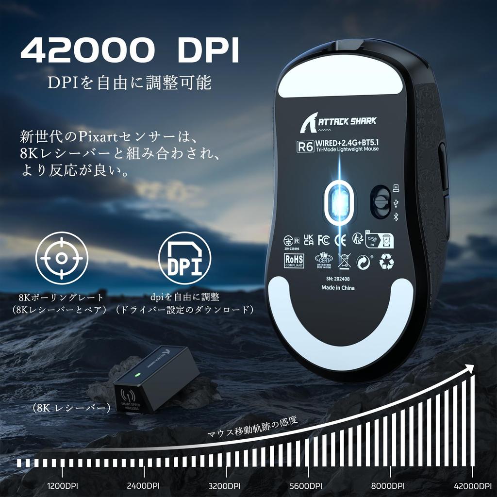 ATTACK SHARK R6 39g Ultra-Lightweight Gaming Mouse, 8000Hz, PixArt PAW3950MAX Gaming Sensor, 42000 DPI, Nordic 52840 MCU, 3-Mode Continuous