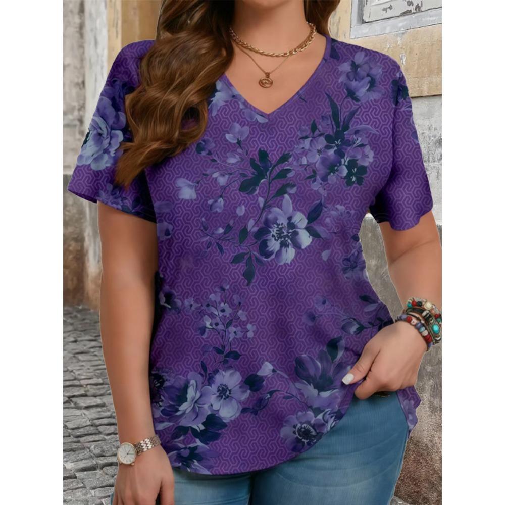 Elegant Floral V-Neck Women's Plus Size T-Shirt - Soft Casual Comfort Fit Short Sleeve Top