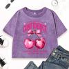 Confidence Looks Cute On Me Pink Cherry Print Women Washed T-Shirts Slim Cotton Tops Street Casual Sportswear T Shirt