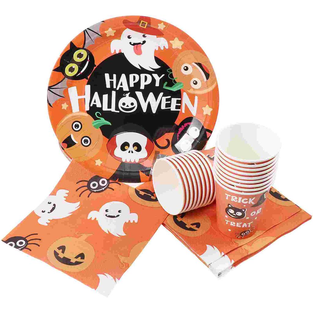 Hemoton Halloween Tableware Set Party Celebration Supplies Set 24 Paper Plates 48 Napkins and 24 Cups Tableware Kit