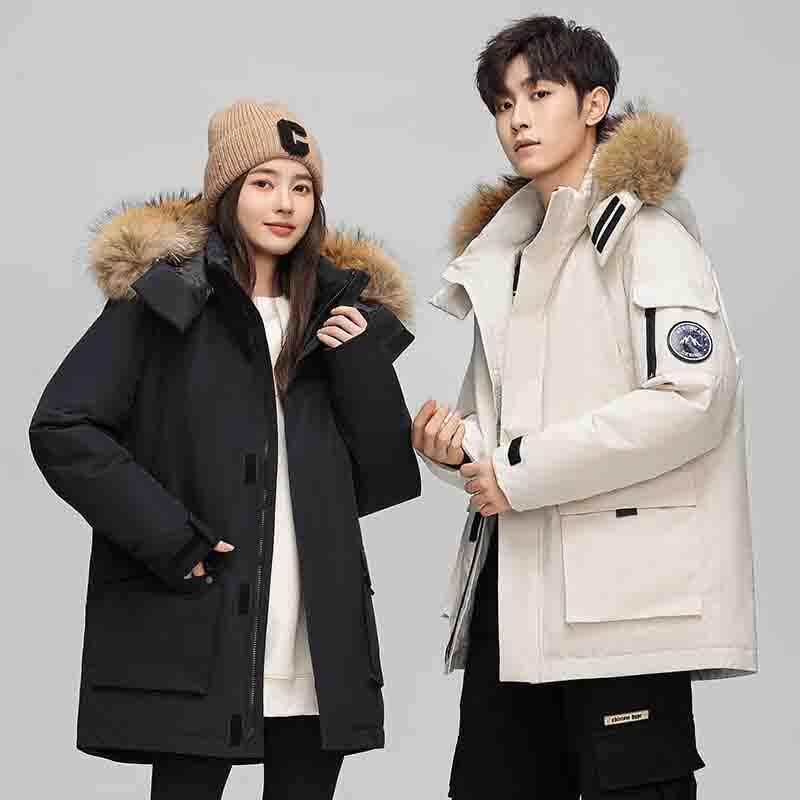 Men's American Style Winter Parka with Large Fur Collar, Mid-Length Outdoor Couple's Jacket, Mountain Windbreaker