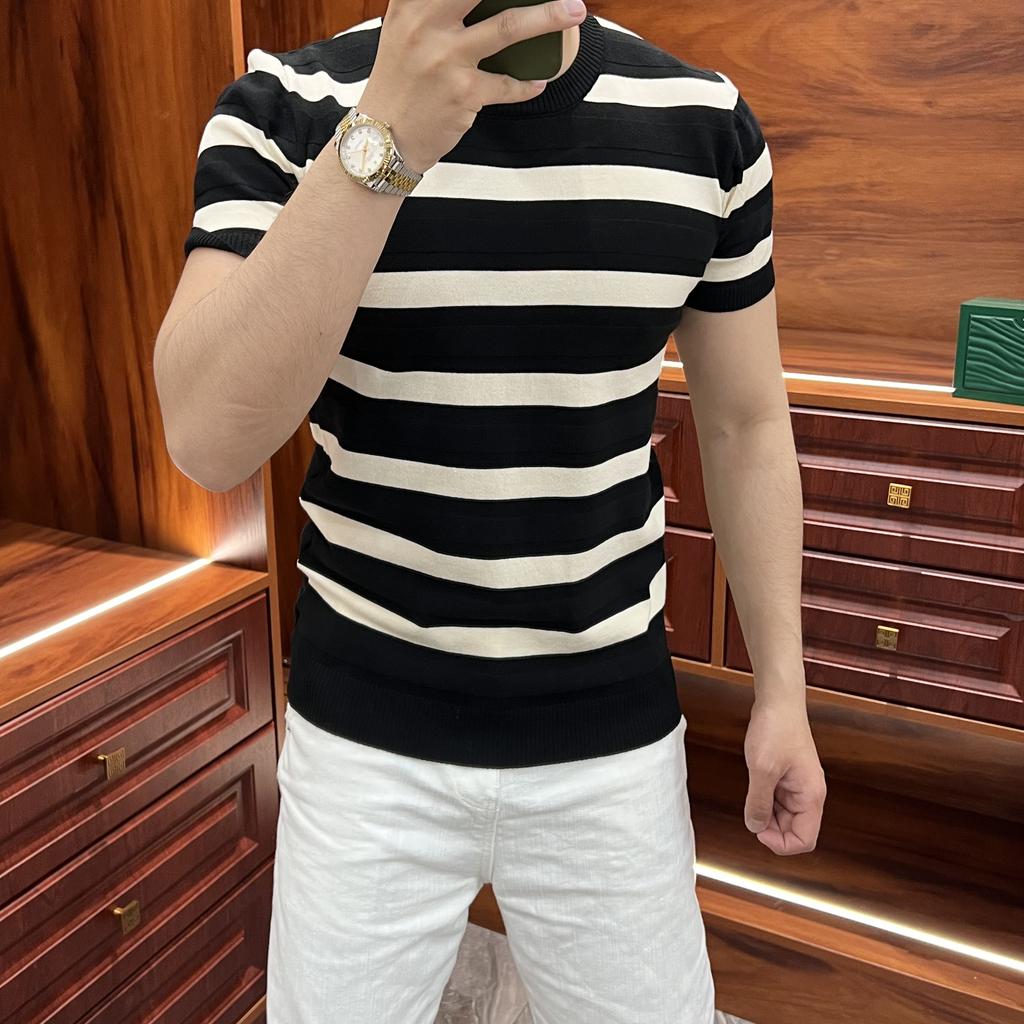 Summer Breathable Versatile Short Sleeve Slim Fit T-Shirt Casual Textured Thick Stripe Trendy Men's Knitwear