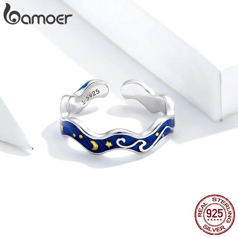 BAMOER Silver 925 Lover Rings for Couple Blue Starry Sky of Van Gogh Open Finger Ring Design Jewelry Accessories SCR608