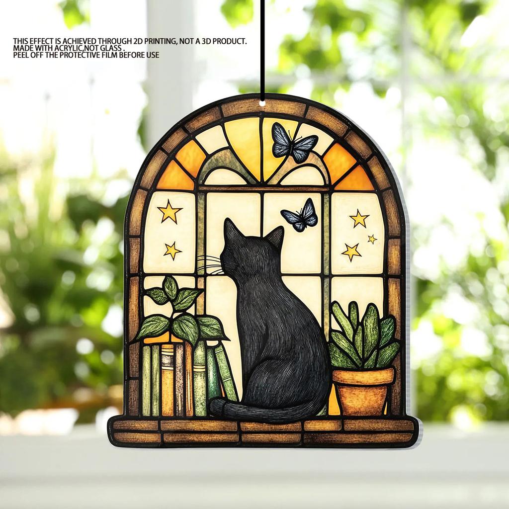 Acrylic Black Cat Window Hanging Decor, Arch Window with Butterfly/Stars/Books/Plants Design, Art Wall Ornaments for Home&Garden