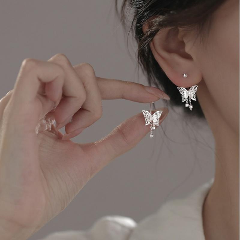 Silver Color Hollow Butterfly Tassel Earrings for Women Simple Curved Hook Screw Buckle Earrings Y2K Elegent Jewelry Gift