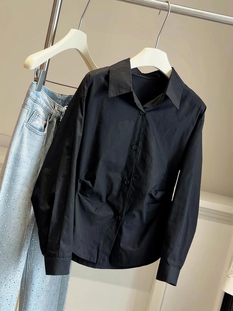 Women's Spring 2026 Stylish Pleated Waist-Cinched Straight Shoulder Shirt Top
