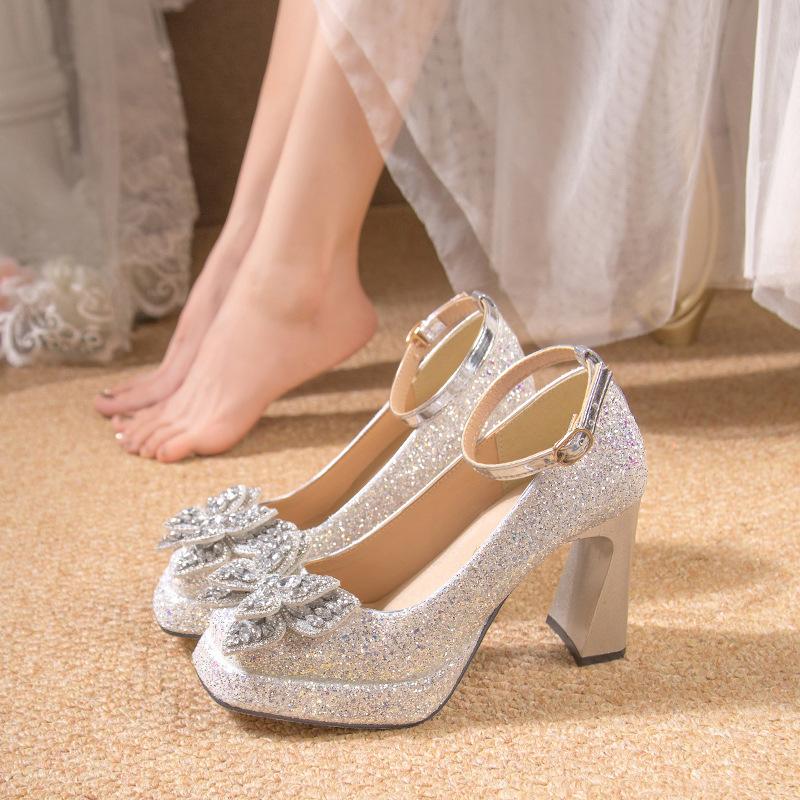 French crystal sequined silver high heels women's new bow bridal wedding dress Xiuhe wedding shoes