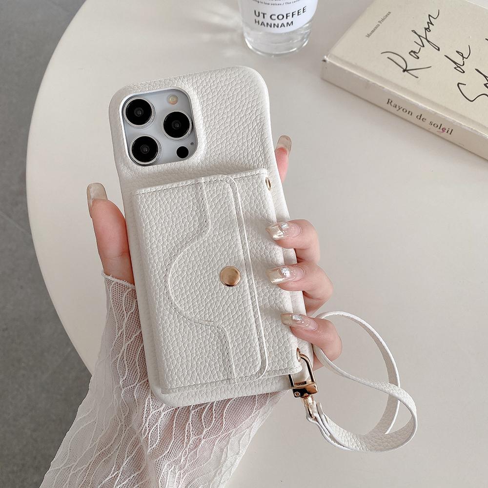 

For iPhone 14 Pro Max Case Mirror Design PU Leather Back Cover with Card Slots,Wrist Strap White