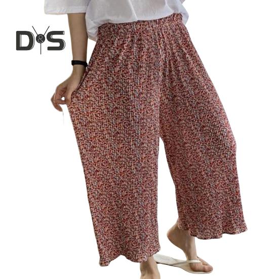 Dámské kalhoty Elastické kalhoty s vysokým pasem a širokými nohavicemi s květinovým potiskem s řaseným nařaseným dlouhým kalhotám do domácího salonku