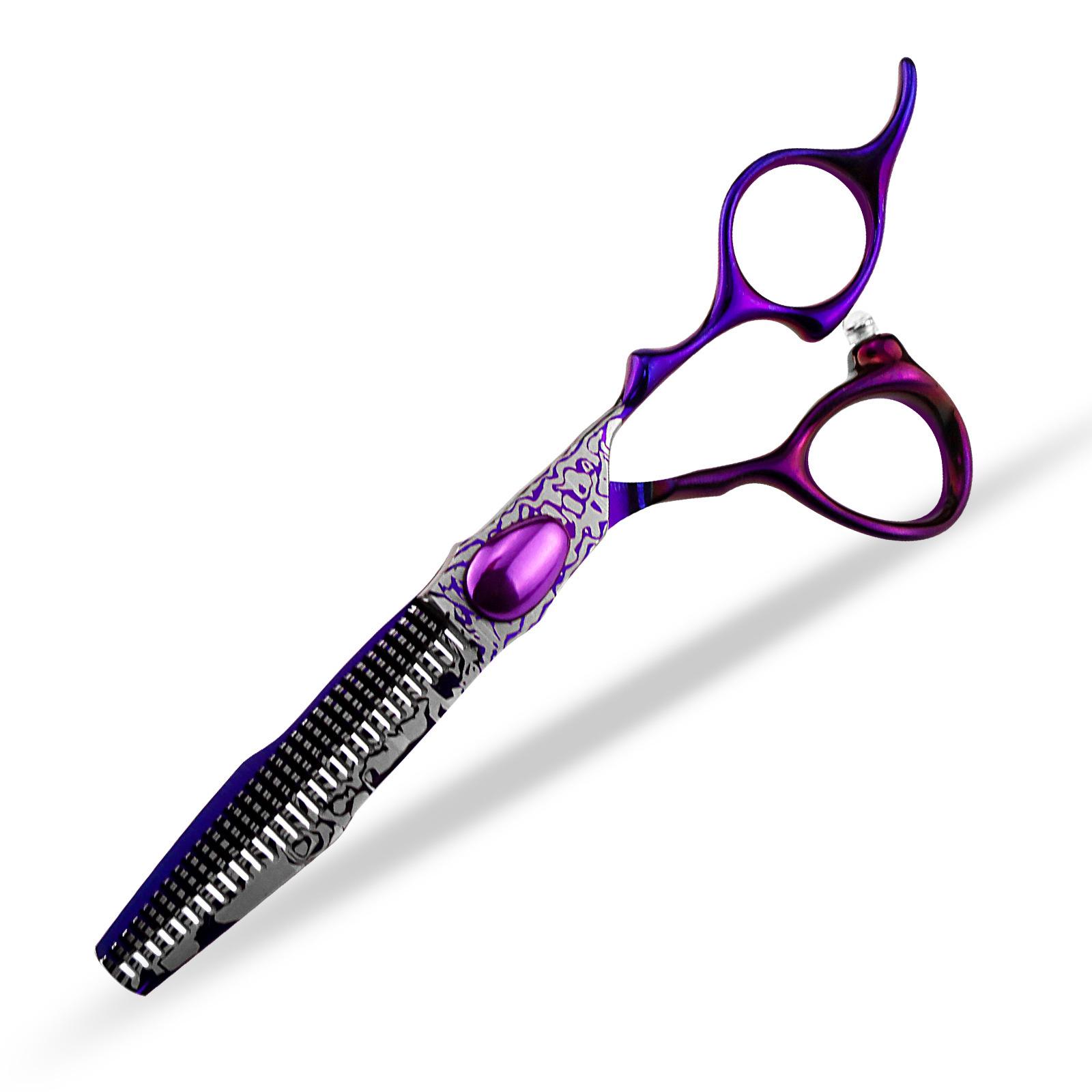 Nipsun 6.0 Double-Handle Purple Pattern Hairdressing Scissors: Serrated & Thinning Shears.