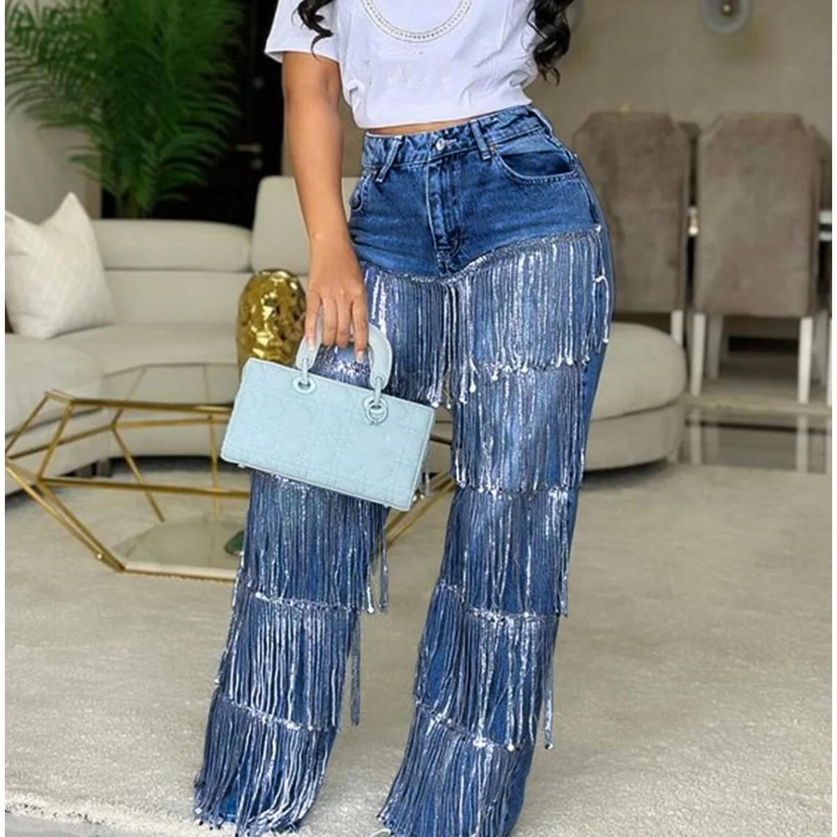 

Women Sequins Tassel Wide Leg Blue Denim Pants Streetwear Party Vintage High Waist Jeans Trousers XXL