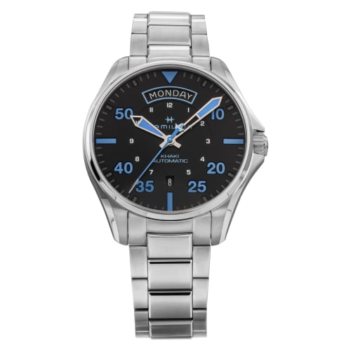 

Hamilton Khaki Aviation Watch, Black Dial, Automatic, 10 ATM Water Resistance, Sapphire Crystal, 44mm, H64625131, Men s, Silver