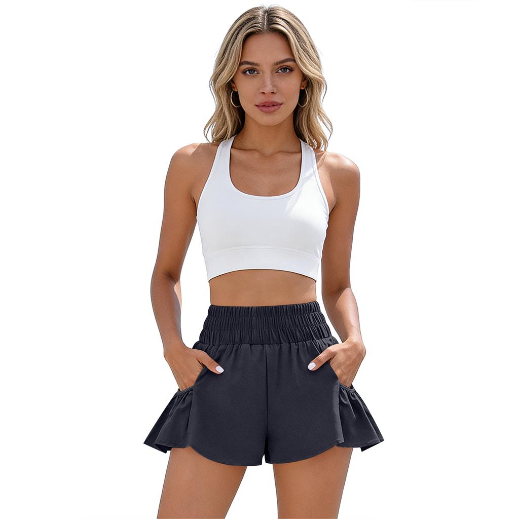 High Waist Ruffle Hem Shorts for Women Elastic Waistband Flowy Casual Shorts with Pockets Lightweight Fabric Design