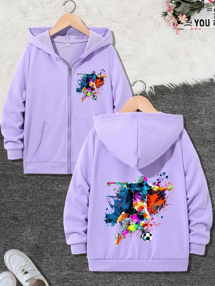 Kids Zip Up Hoodie Color Splash Soccer Player Print Long Sleeve Loose Hooded Jacket For Boys Girls Sports Daily Outerwear
