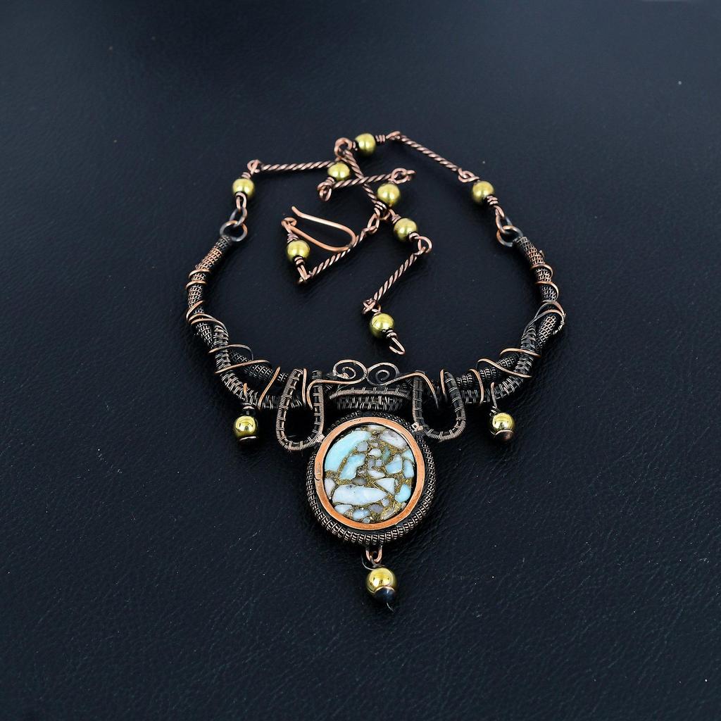Copper Larimar Gemstone Necklace, 999 Copper Wire Wrapped Handmade Designer Necklace Jewelry, Adjustable Chain Necklace Gift For Women