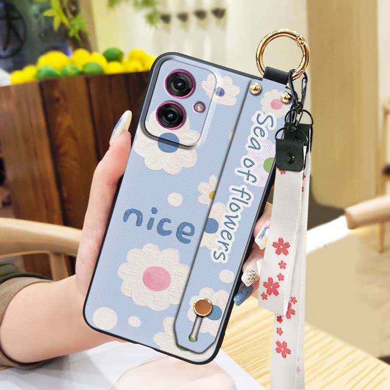 Soft case Wrist Strap Phone Case For MOTO G55 5G Oil Painting Flower Phone Holder Anti-dust Shockproof Lanyard Kickstand