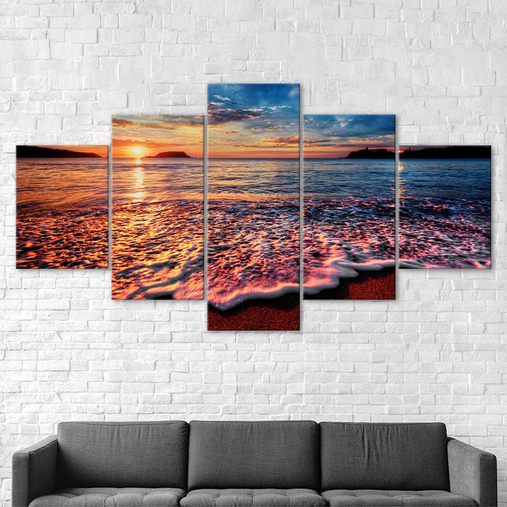 Sunset Beach Ocean Sea Waves 5 Piece Five Panel Wall Canvas Print Modern Art Poster Picture Home Decor Gift For Him For Her