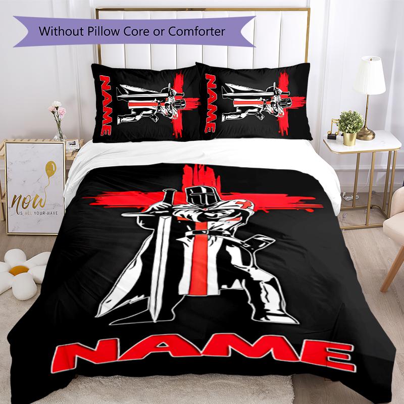 3pcs Custom Name Cartoon Knights Templar Bedding Set Duvet Cover Closure Includes 1 Duvet Cover & 2 Pillowcases for All Seasons Bedroom Decor