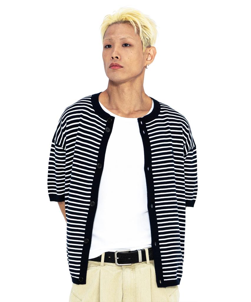 XTONZ Xtk182 Round Stripe Crop Cardigan (Navy)