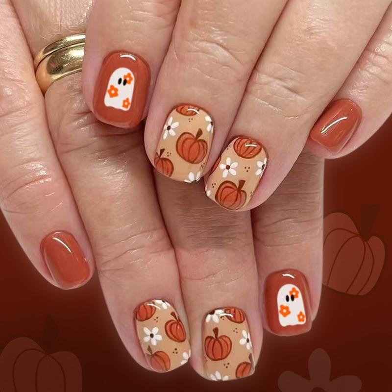 

Halloween Artificial Tips Sparkling Pumpkin Flower Design Short Square Press On Tips 24Pieces Easy Application 1