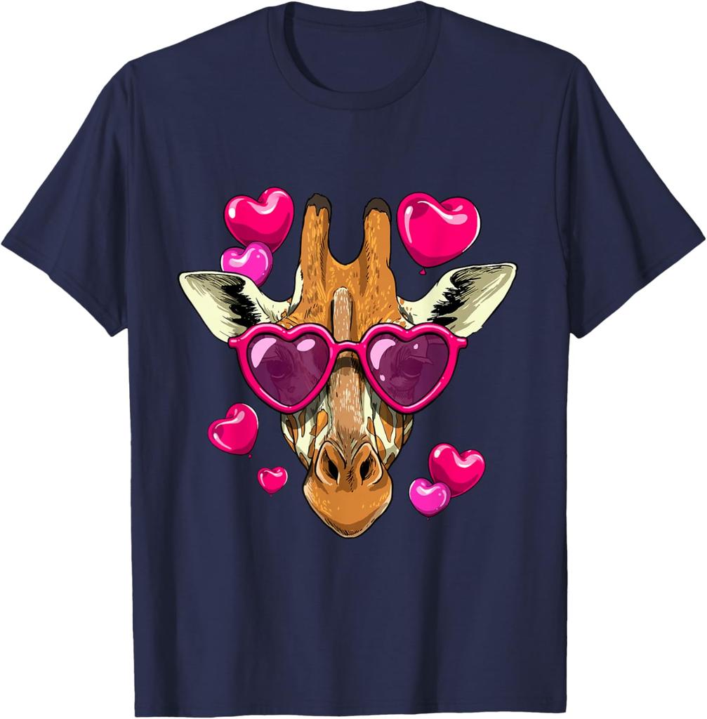 Giraffe Heart Sunglasses Valentines Day Funny Animal Graphic Tee Short Sleeve Casual Crewneck T-Shirt