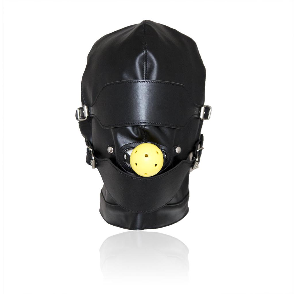 PU Leather Total Sensory Deprivation Full Head Bondage Hood Headgear Mouth Open Lockable Gimp Bondage  Sex Toy for Couple