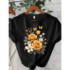 European Sizes Women's Yellow Rose & Butterfly Print T-Shirt - Short Sleeve Round Neck Casual Blouse, Spring Summer Fall Top