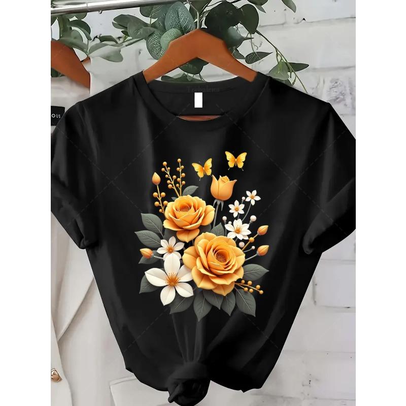 

European sizes Women s Yellow Rose & Butterfly print T-Shirt - Short Sleeve Round Neck Casual Blouse, Spring Summer Fall Top S