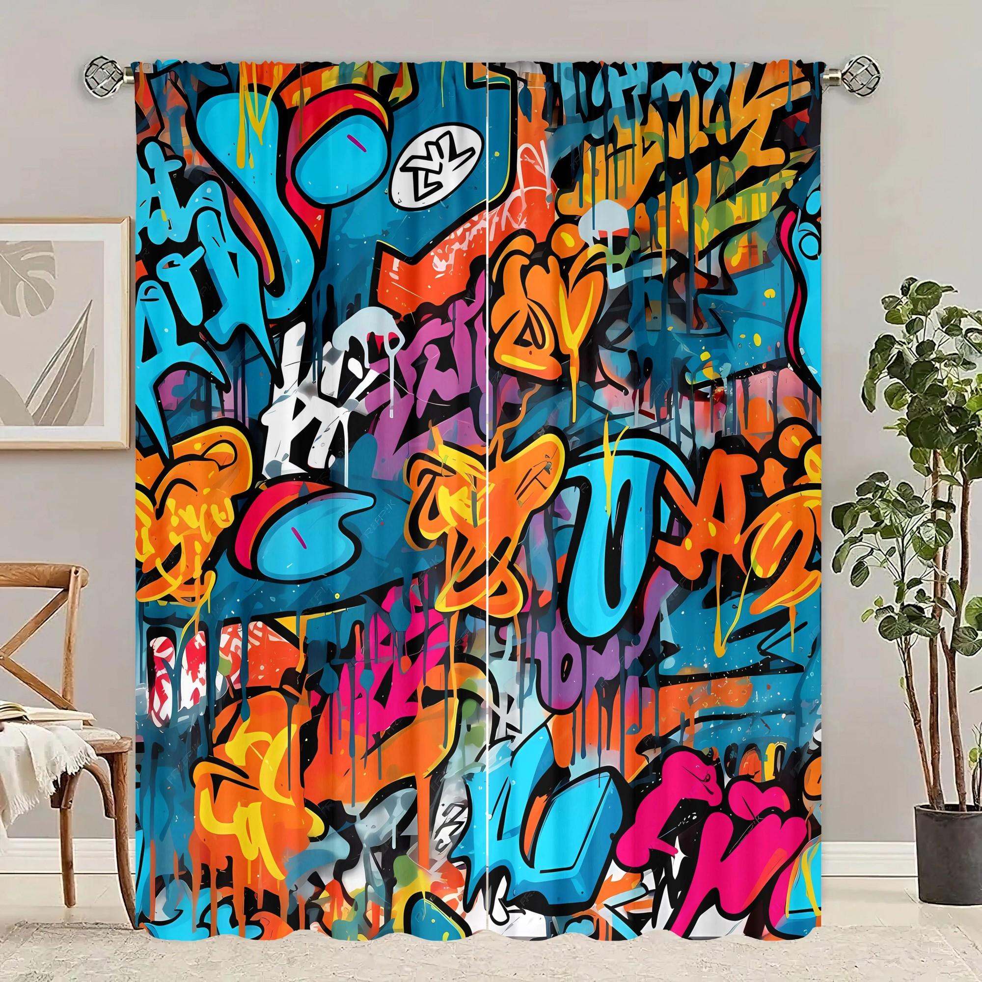 

Set Of 2 Graffiti Art Print Curtain Design Window Drapes Living Room Bedroom Decor With Rod Pocket Polyester Perfect For W100*H70(CM)-Hooks&2PCS