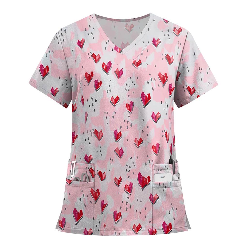 Women's Fashion Printed Short Sleeve V Neck Pattern Tops Pocket Working T-shirts