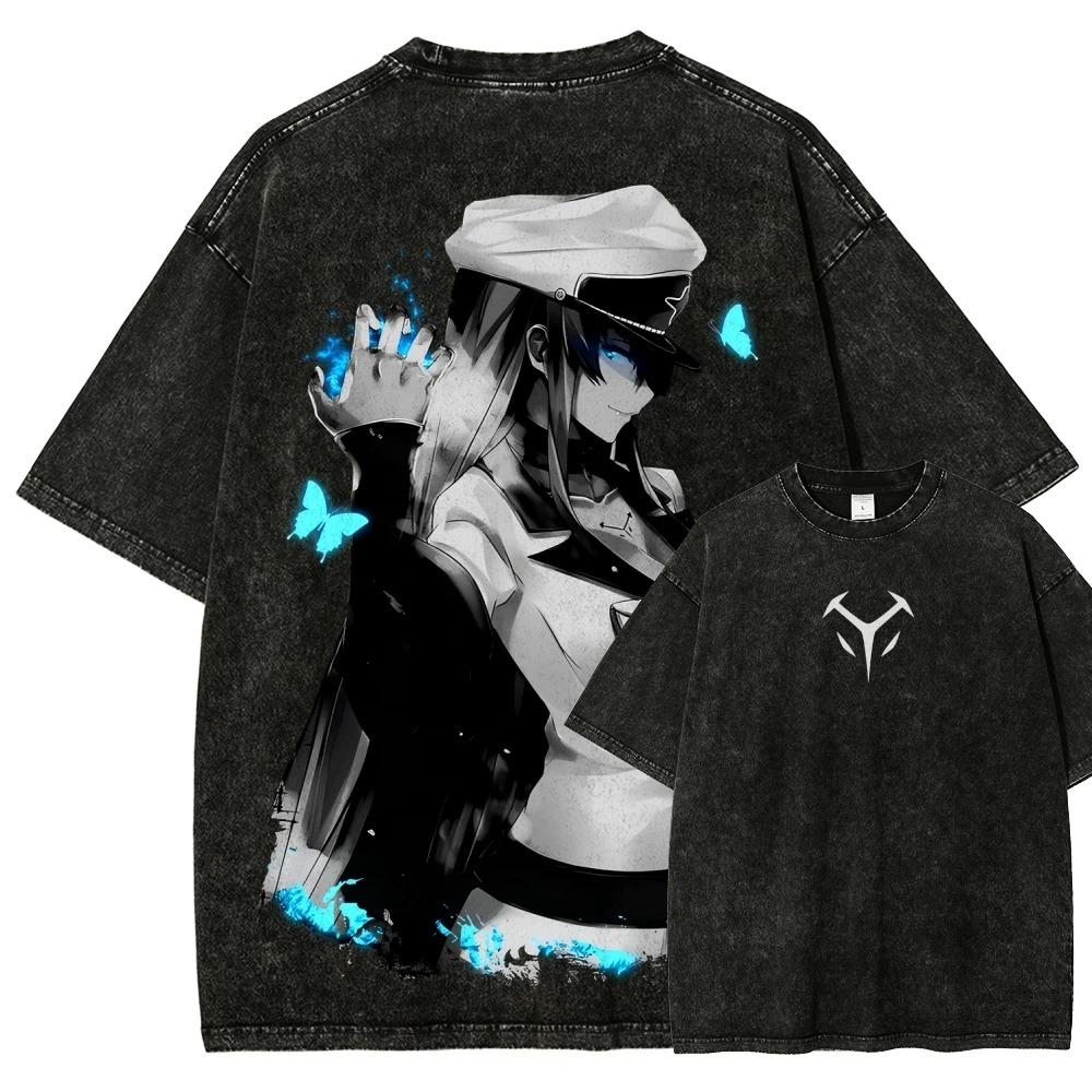 Akame ga Kill! Esdeath Charakterkunst & Kaiserliches Symbol Vintage-Waschung Übergroßes Schwarzes T-Shirt | Dark Fantasy Anime Fan Unisex Streetwear T-Shirt XL schwarz