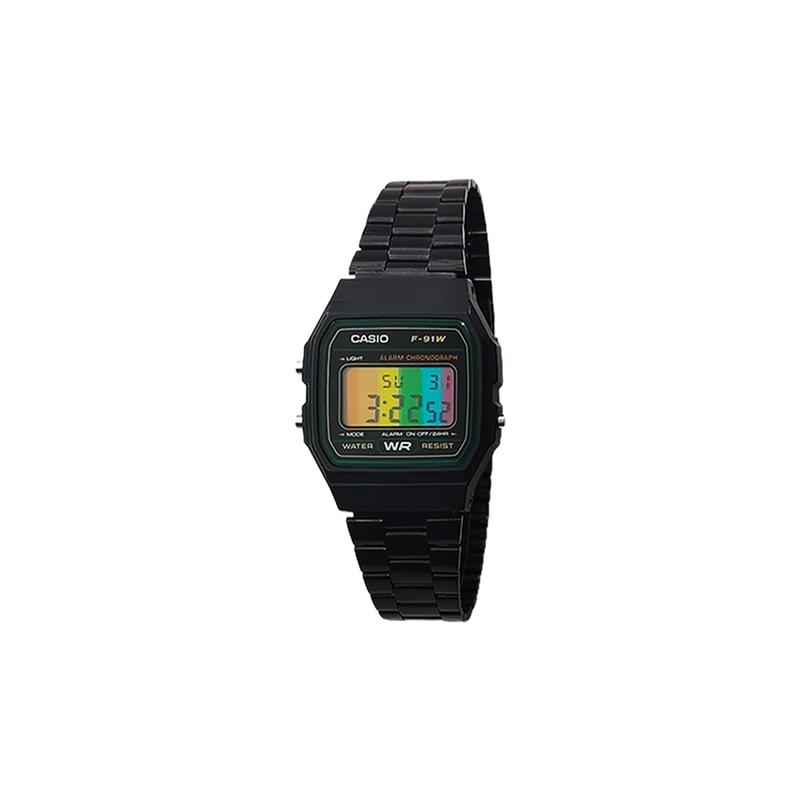 Casio Maßgeschneiderte Uhr, modifizierte Serie, farbenfrohes vertikal gestreiftes Zifferblatt, schwarzes Harzgehäuse, wasserdicht, F-91WG-9 modifiziert - F-91WG-9