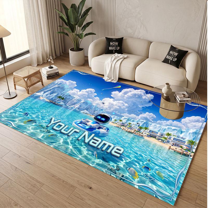 Custom Name Text Crystal Velvet Rug,Astro Bot Soft Plush Decorative Non Slip Floor Carpet