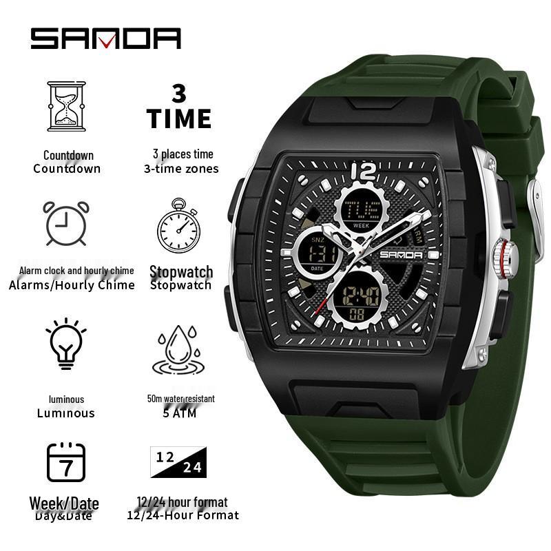 Sanda Men's Sports Barrel-Shaped Luminous Countdown Watch with Triple Time Zone and Dual Display, Waterproof Design.