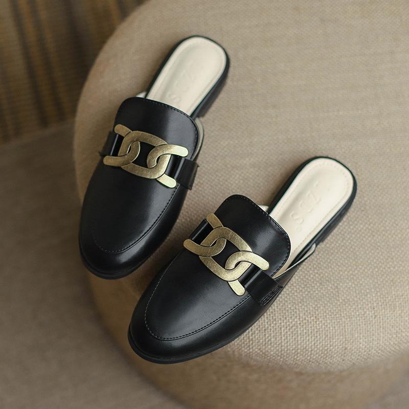 Ретро металлические цепочки мюли женские закрытые тапочки сандалии шлепанцы женские летние туфли пантуфли плоские с острым носком 34-40 45 чёрный 6980₽