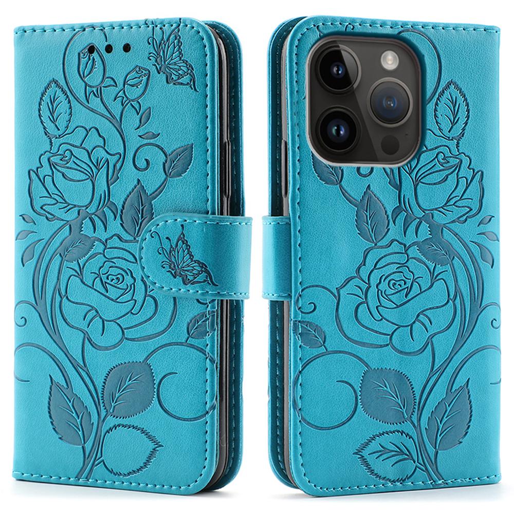 

For iPhone 14 Pro Case Wallet Stand Imprinted Rose Butterfly PU Leather Phone Cover Blue