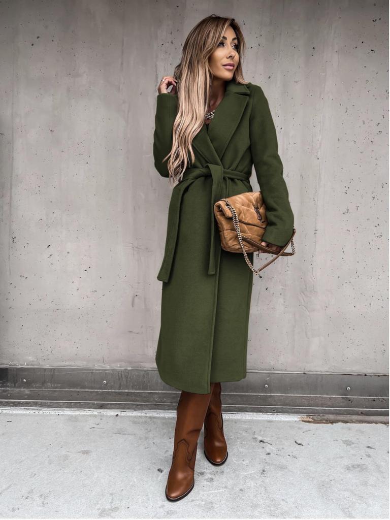Women's Spring/Autumn Simple V-neck Wool Long Coat with Tie